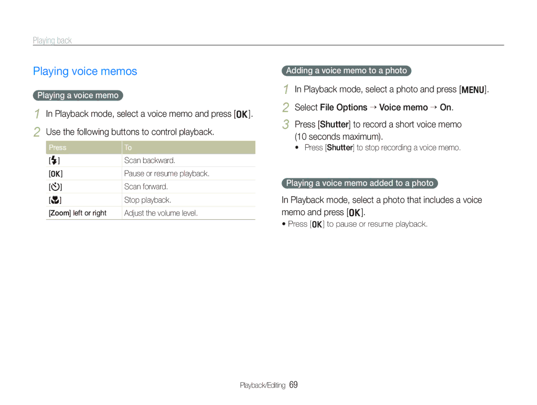 Samsung PL150, PL151 user manual Playing voice memos, Playing a voice memo, Adding a voice memo to a photo 