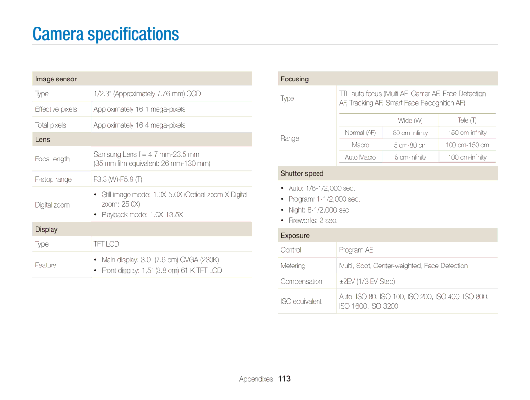 Samsung PL170, PL171 user manual Camera specifications 