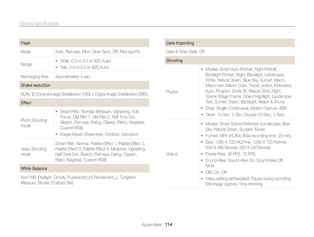 Samsung PL171, PL170 user manual Camera specifications 