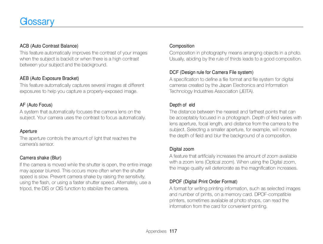 Samsung PL170, PL171 user manual Glossary, AF Auto Focus, Composition, Digital zoom, Dpof Digital Print Order Format 