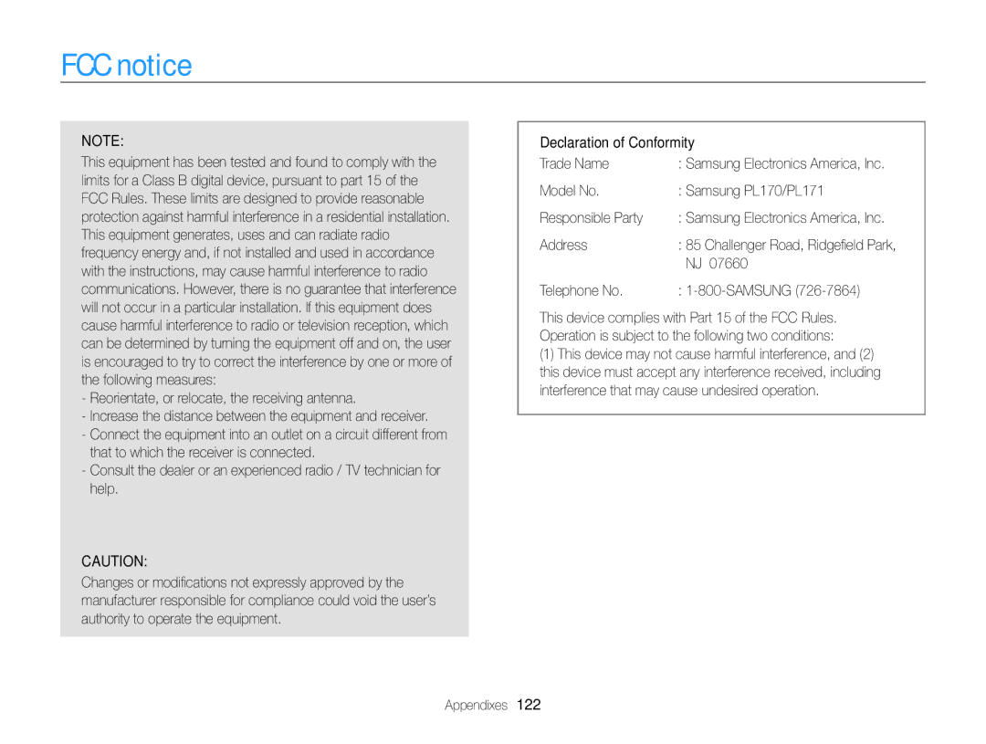 Samsung user manual FCC notice, Model No Samsung PL170/PL171 Responsible Party, Address, Telephone No Samsung 