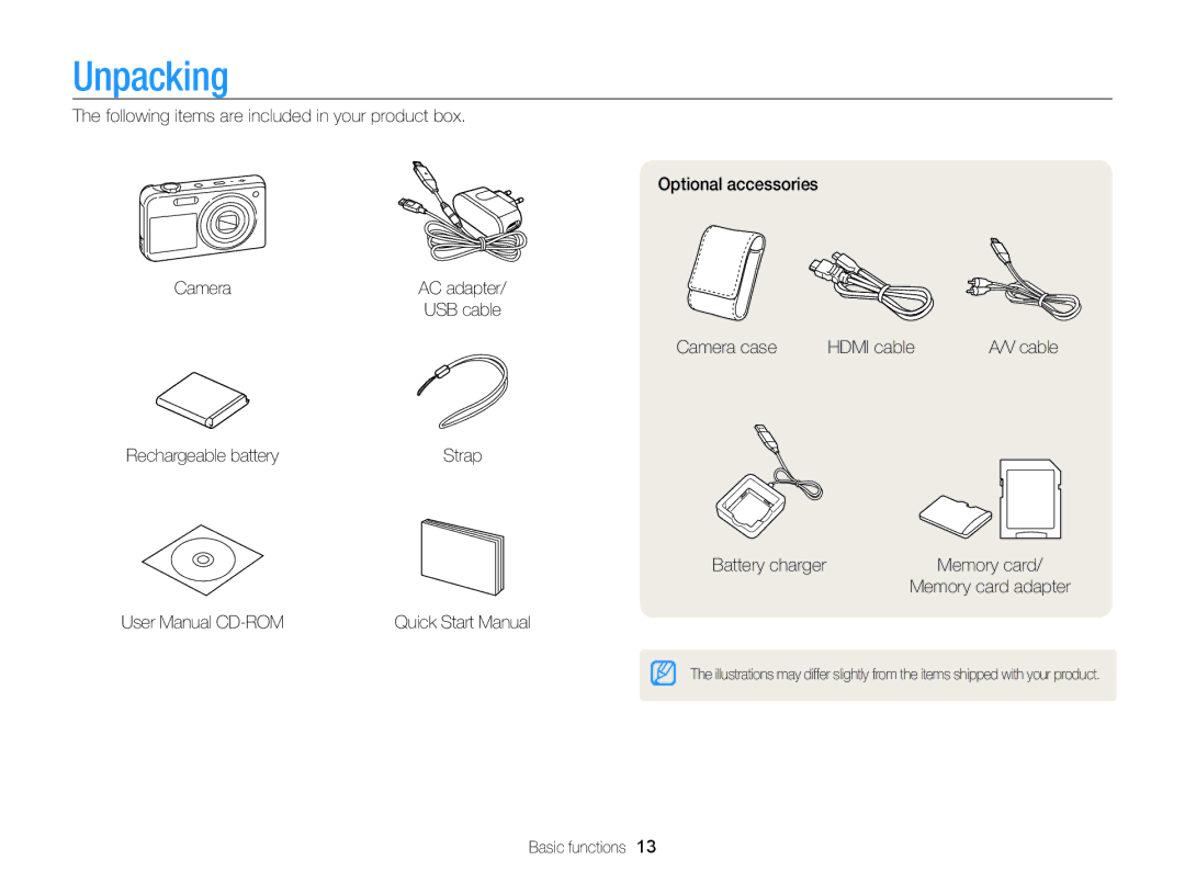 Samsung PL170, PL171 user manual Unpacking, Camera case Hdmi cable, Rechargeable battery, Battery charger, Basic functions 