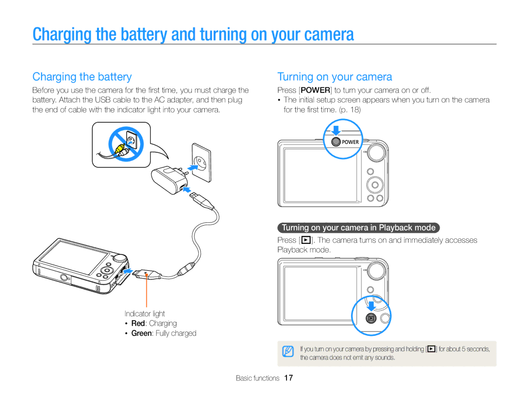 Samsung PL170, PL171 user manual Charging the battery and turning on your camera, Turning on your camera 