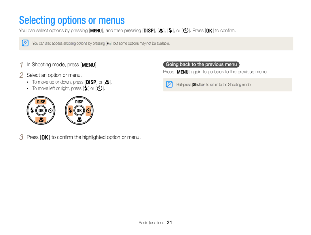 Samsung PL170 Selecting options or menus, Select an option or menu, Press o to conﬁrm the highlighted option or menu 