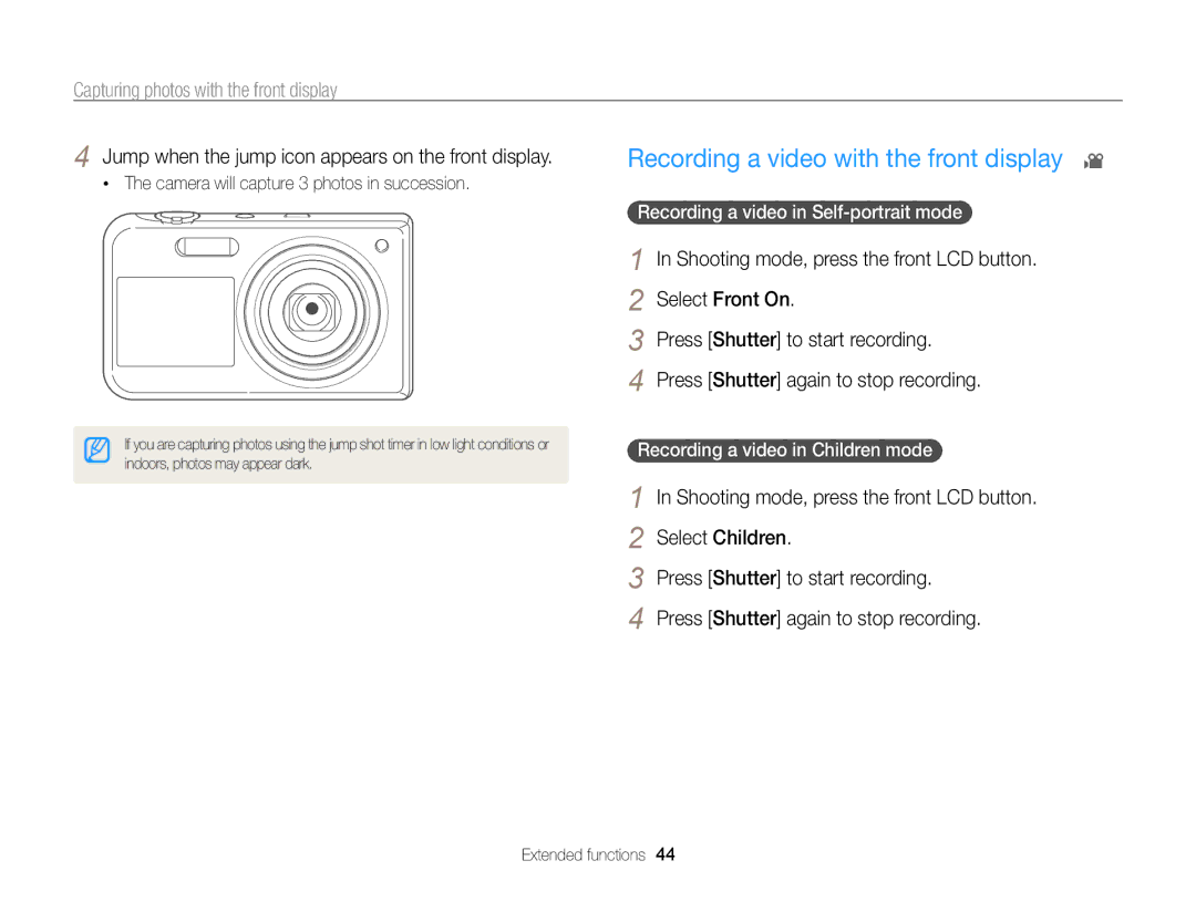 Samsung PL171, PL170 Recording a video with the front display, Jump when the jump icon appears on the front display 