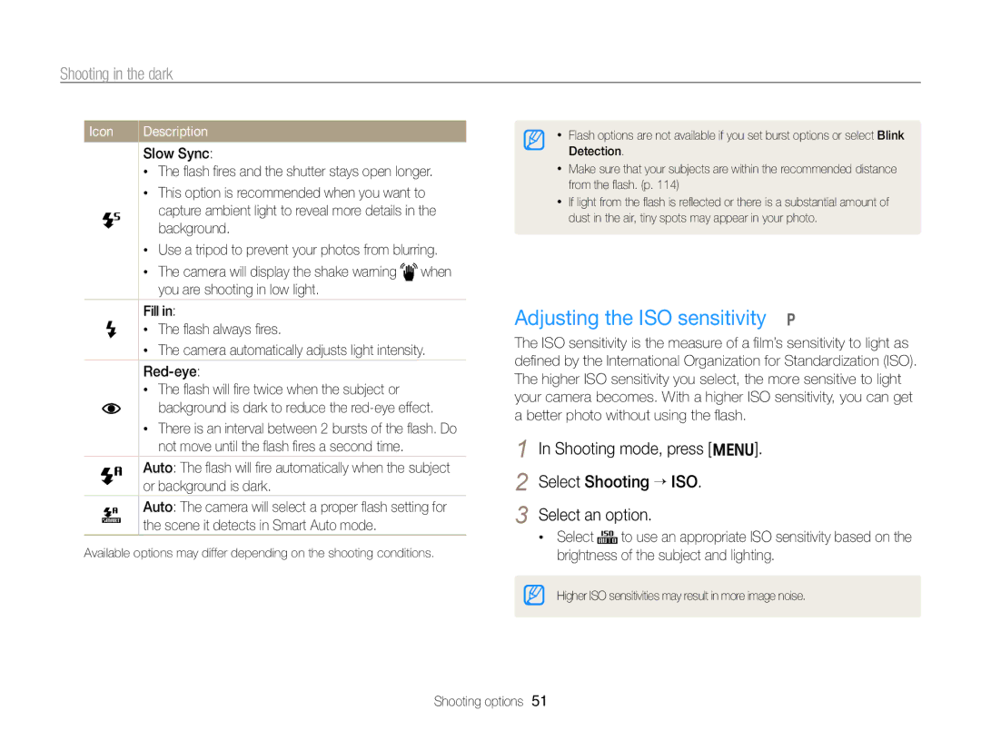 Samsung PL170, PL171 user manual Adjusting the ISO sensitivity p, Shooting in the dark 