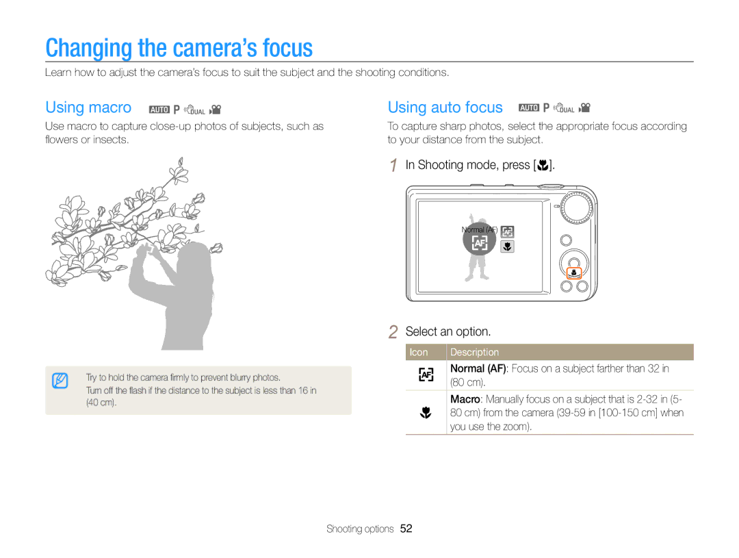 Samsung PL171, PL170 Changing the camera’s focus, Using macro a p d Using auto focus a p d, Shooting mode, press c, 80 cm 