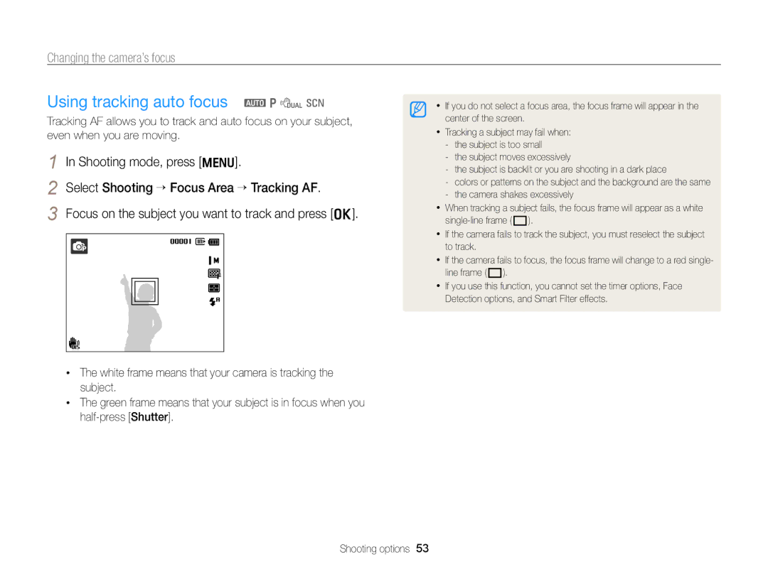 Samsung PL170, PL171 user manual Using tracking auto focus a p d s, Changing the camera’s focus 