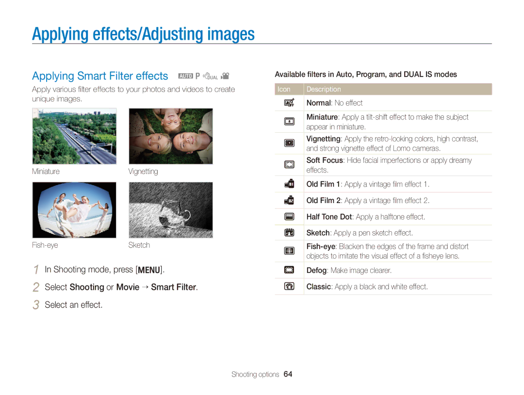 Samsung PL171, PL170 user manual Applying effects/Adjusting images, Applying Smart Filter effects apdv, Select an effect 