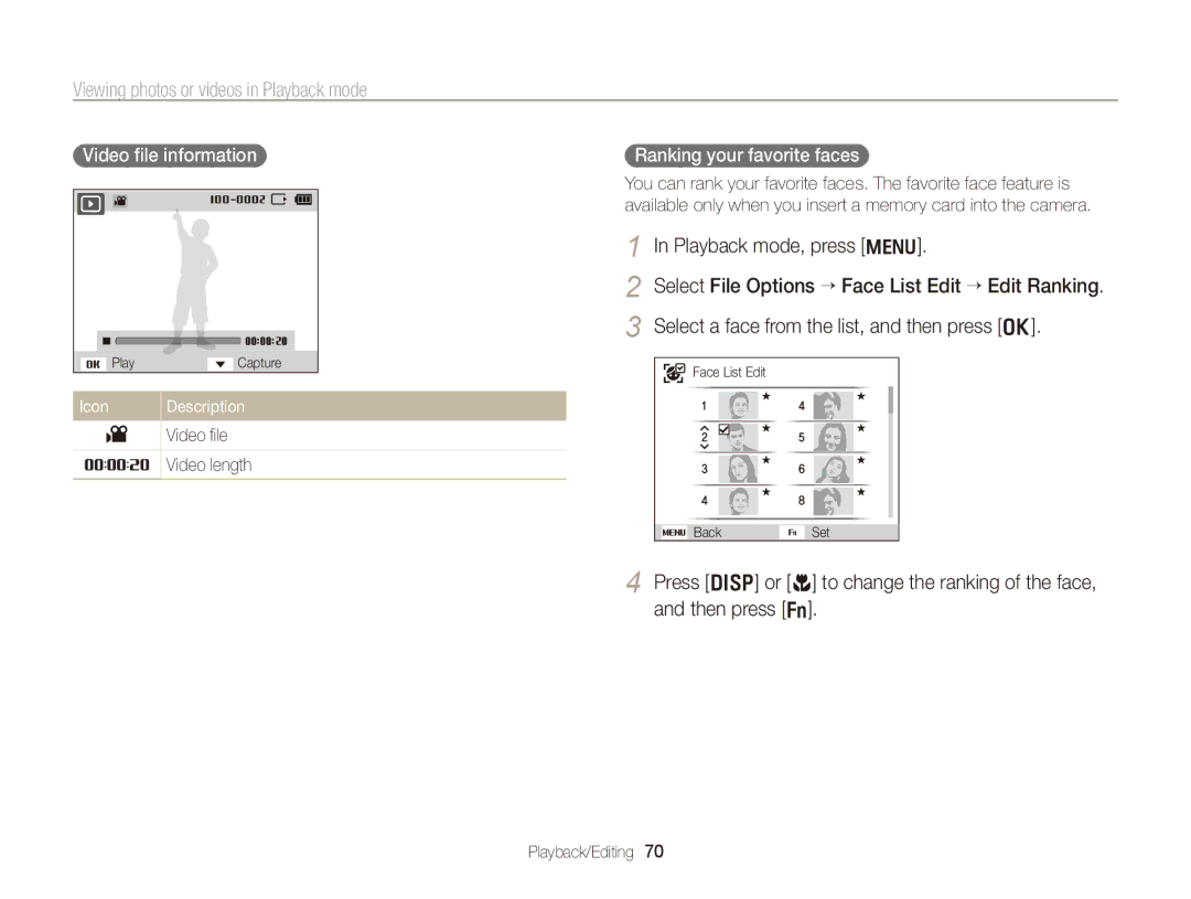 Samsung PL171, PL170 user manual Viewing photos or videos in Playback mode, Playback mode, press m, Video file Video length 