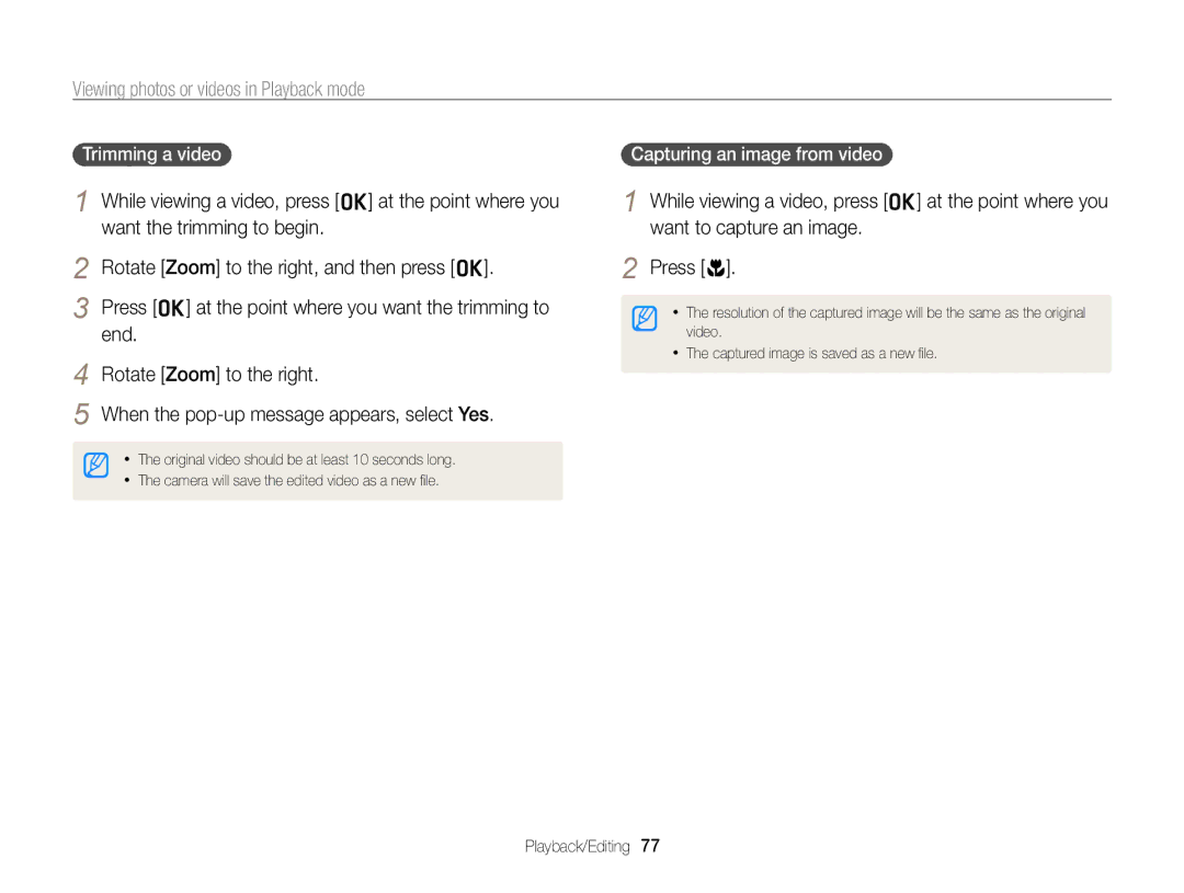 Samsung PL170, PL171 user manual Trimming a video, Capturing an image from video 