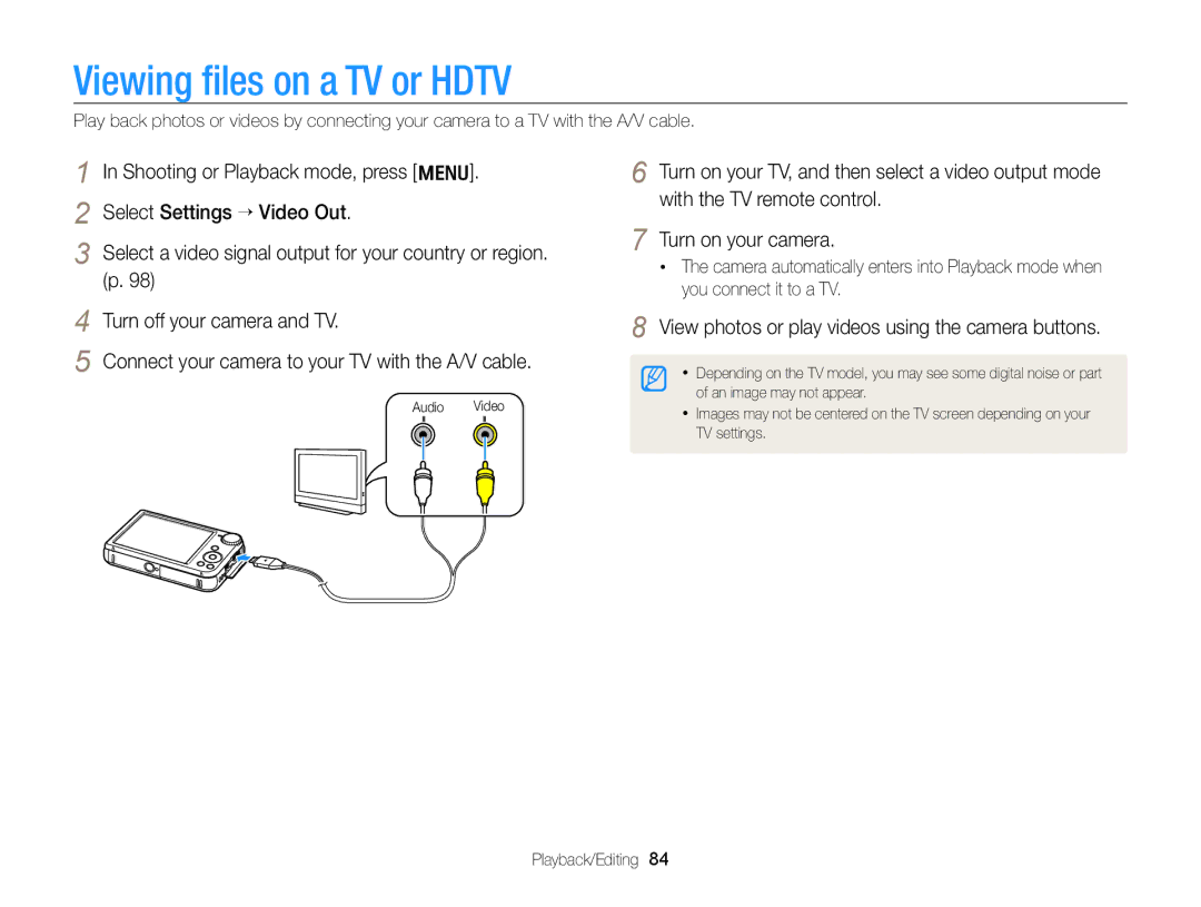 Samsung PL171, PL170 user manual Viewing ﬁles on a TV or Hdtv, View photos or play videos using the camera buttons 