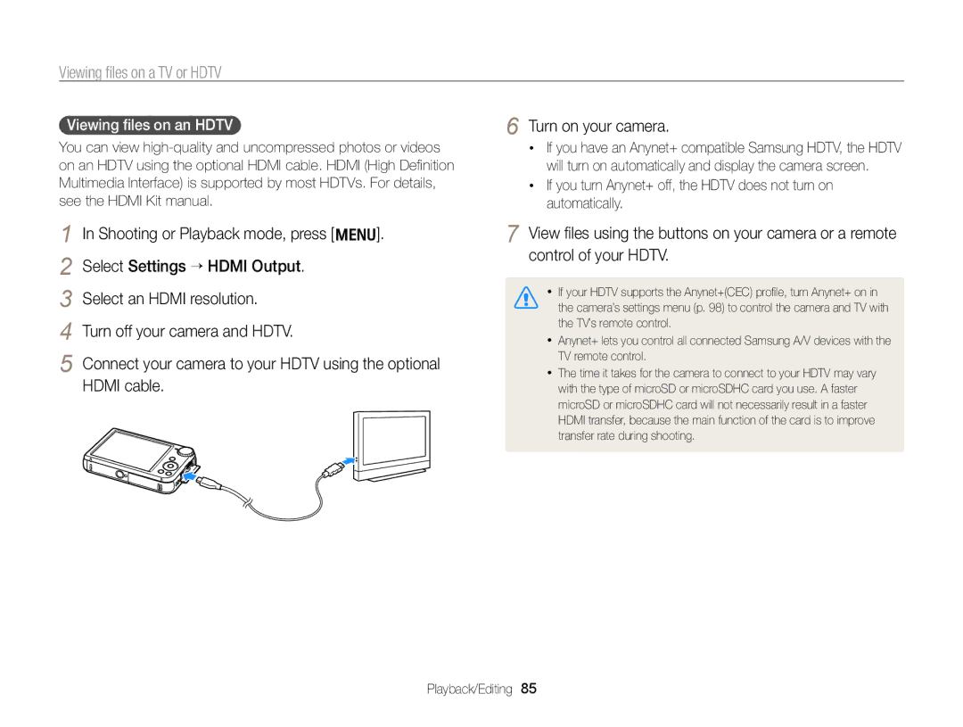 Samsung PL170, PL171 user manual Viewing ﬁles on a TV or Hdtv, Turn on your camera, Viewing ﬁles on an Hdtv 