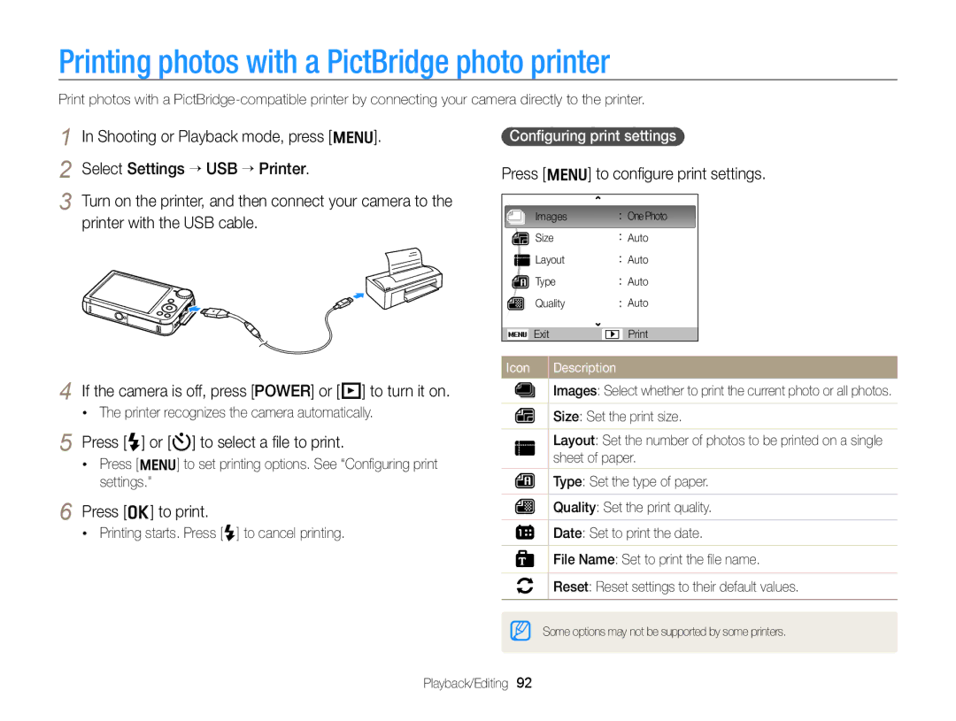 Samsung PL171, PL170 Printing photos with a PictBridge photo printer, Press m to conﬁgure print settings, Press o to print 