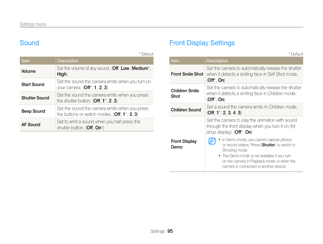 Samsung PL170, PL171 user manual Sound, Front Display Settings, Settings menu 