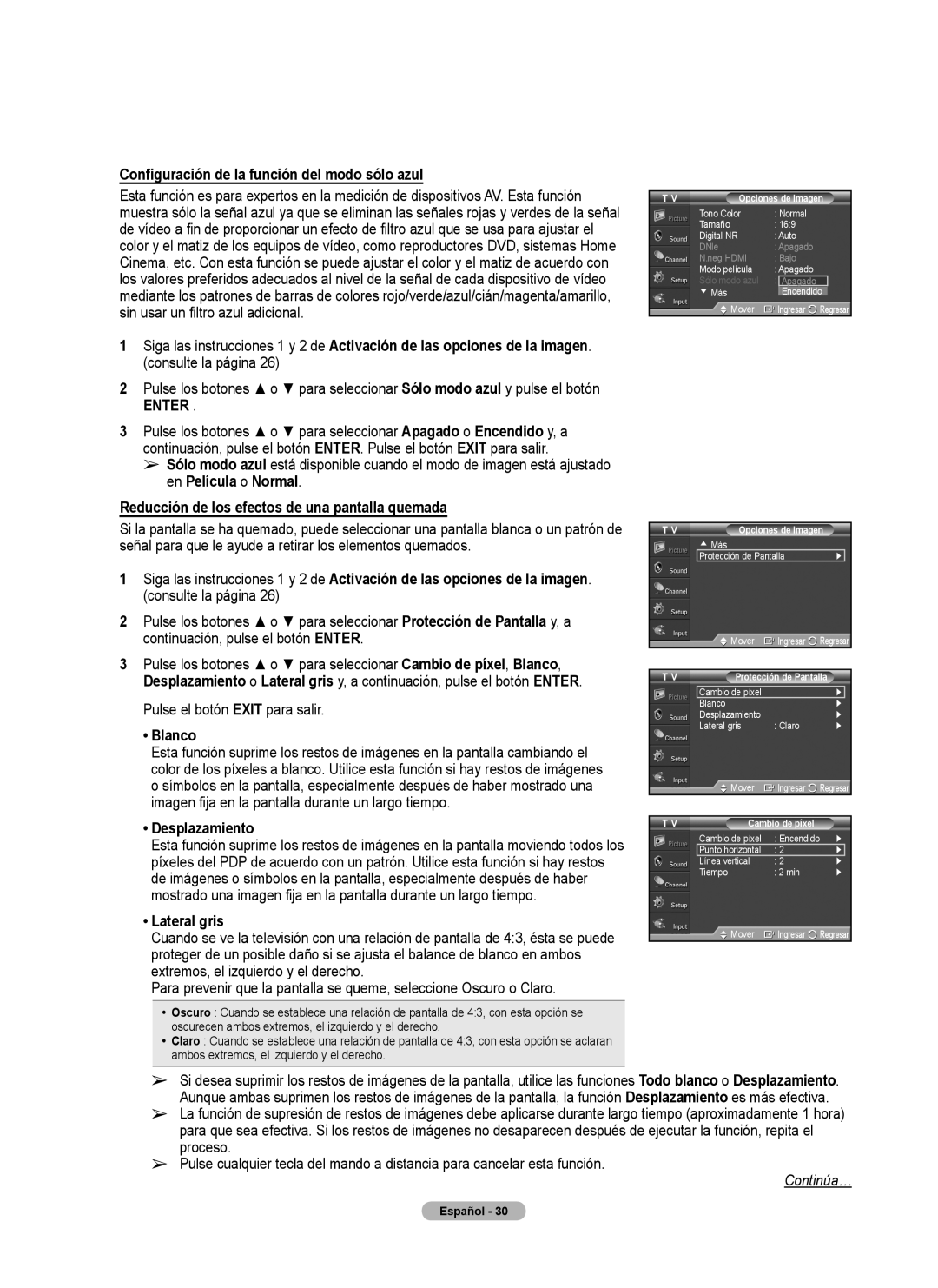 Samsung PL50A440P1D Configuración de la función del modo sólo azul, Reducción de los efectos de una pantalla quemada 