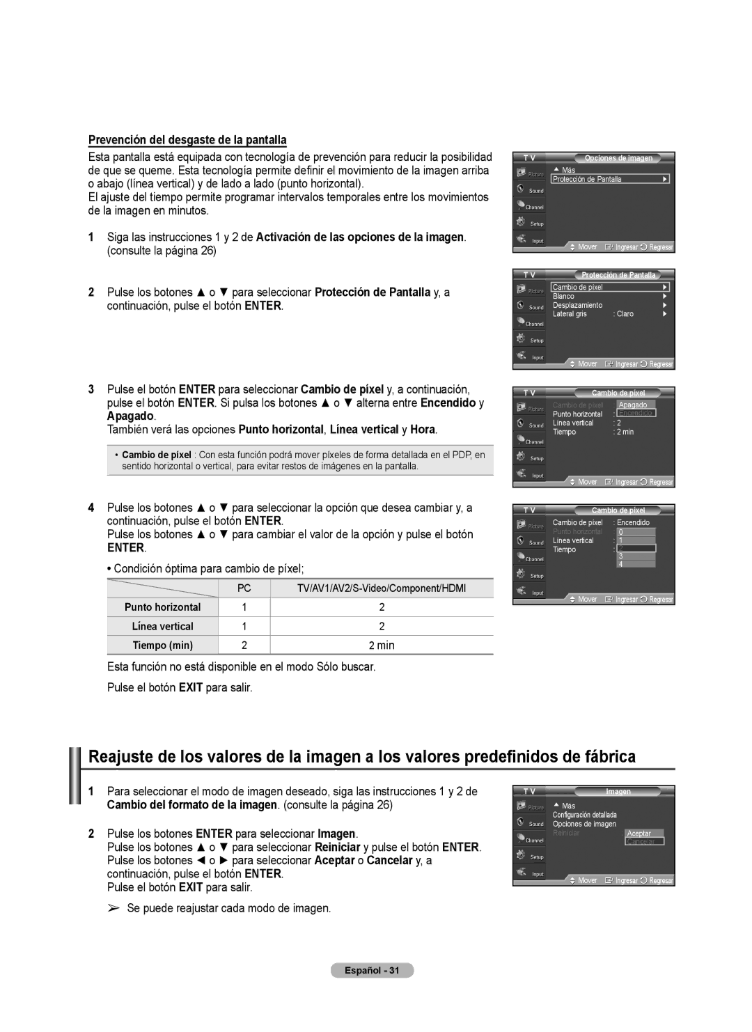 Samsung PL42A440P1D Prevención del desgaste de la pantalla, Condición óptima para cambio de píxel, Protección de Pantalla 