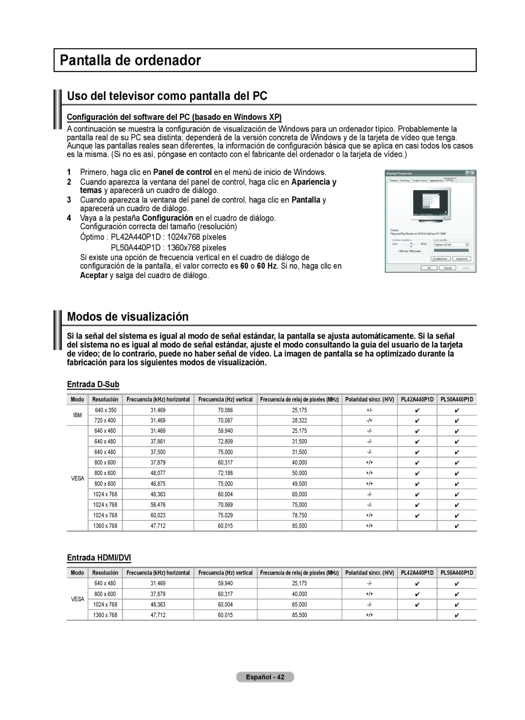 Samsung PL50A440P1D, PL42A440P1D Pantalla de ordenador, Uso del televisor como pantalla del PC, Modos de visualización 