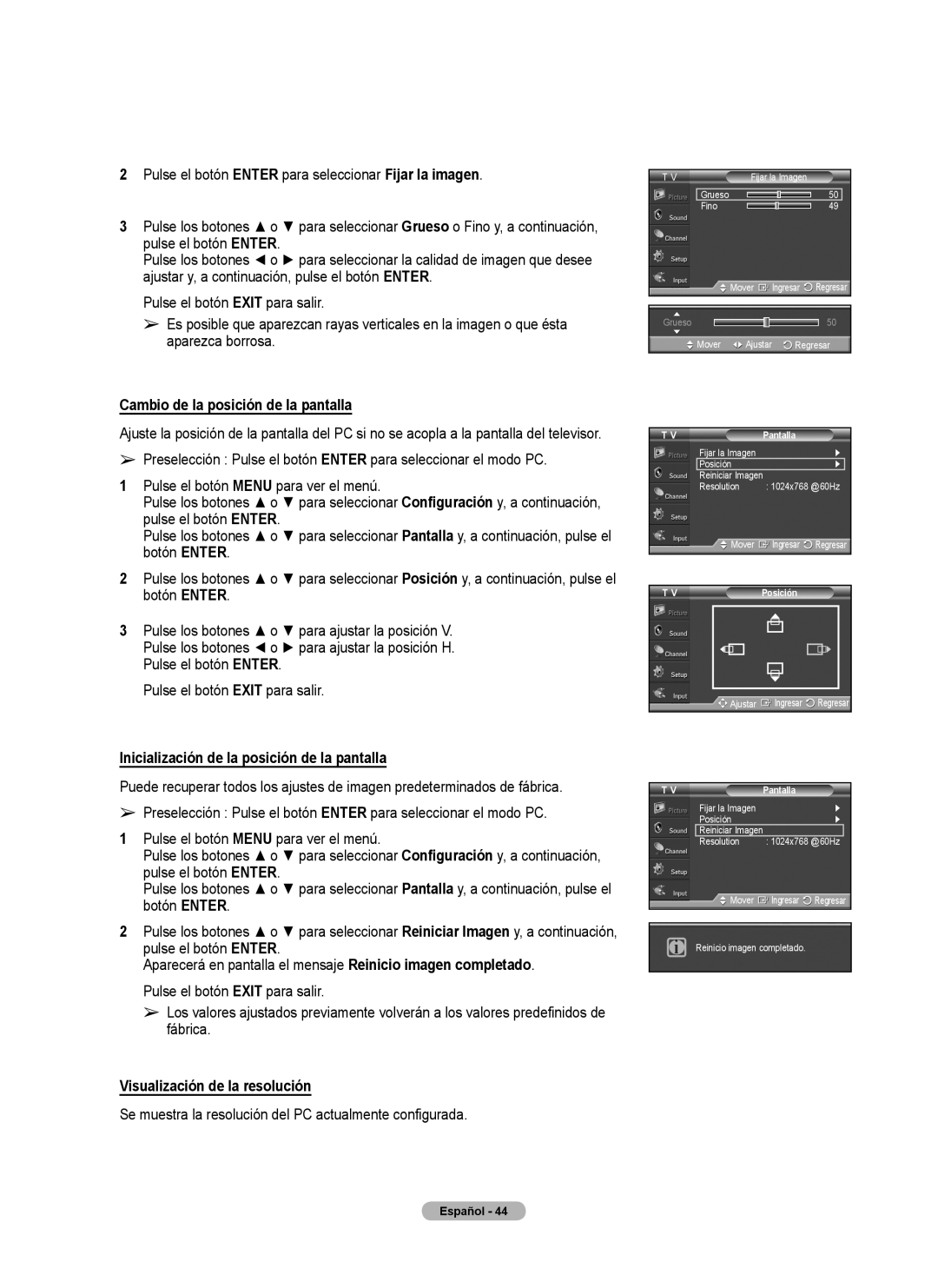 Samsung Series P4 user manual Cambio de la posición de la pantalla, Inicialización de la posición de la pantalla, Posición 