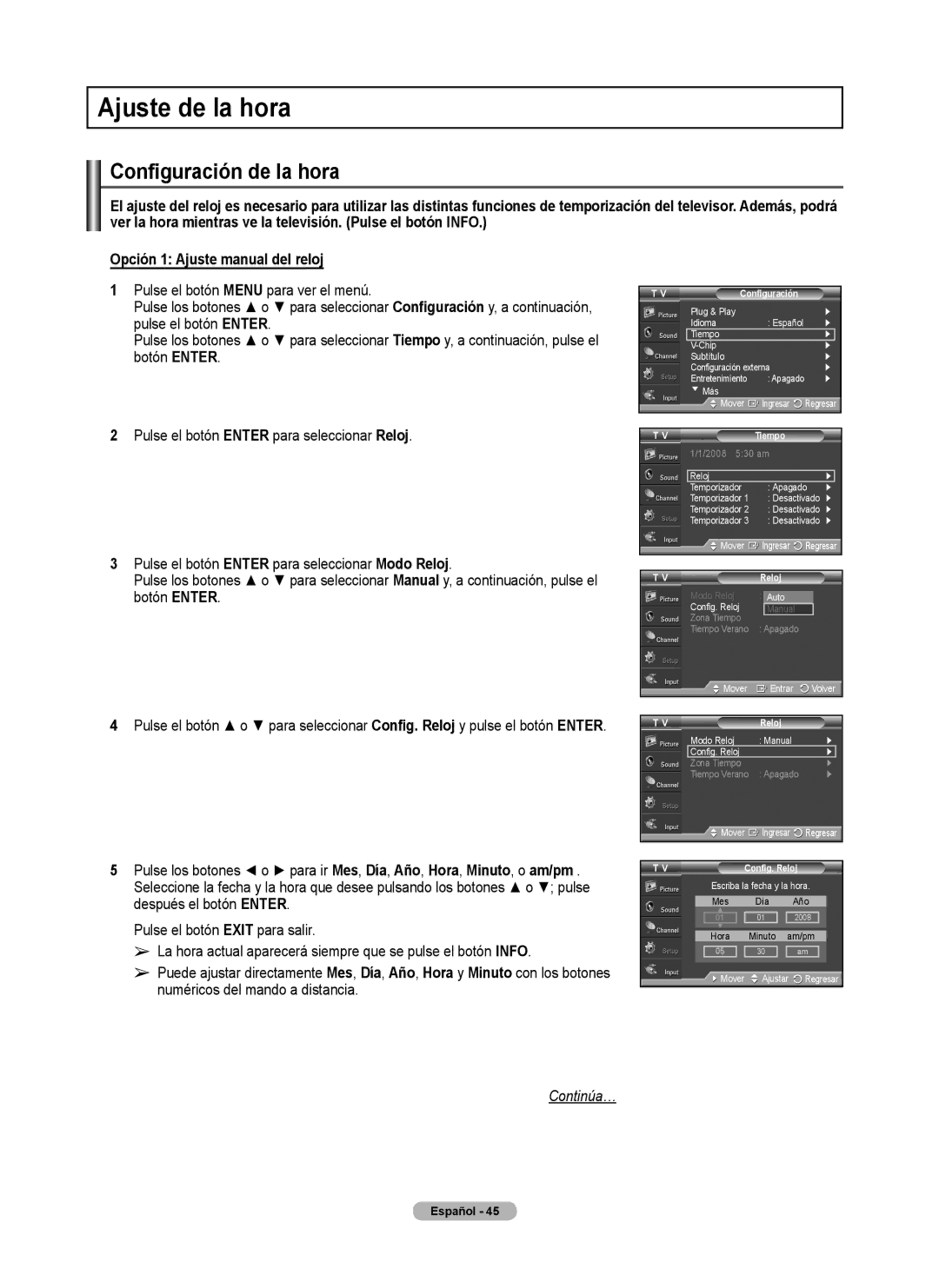 Samsung PL50A440P1D, PL42A440P1D, Series P4 Ajuste de la hora, Configuración de la hora, Tiempo, Config. Reloj 