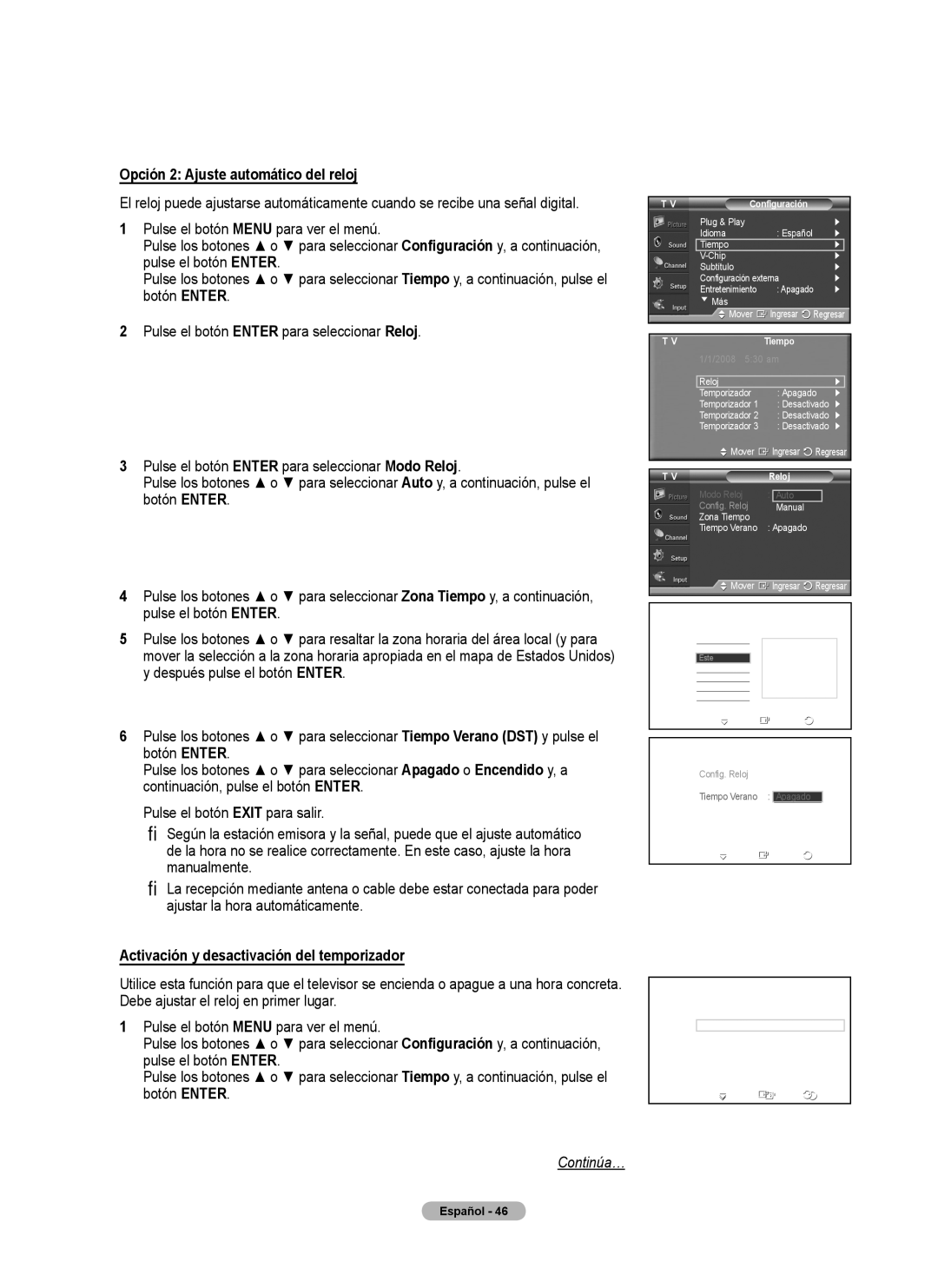 Samsung PL42A440P1D Opción 2 Ajuste automático del reloj, Activación y desactivación del temporizador, Zona Tiempo 