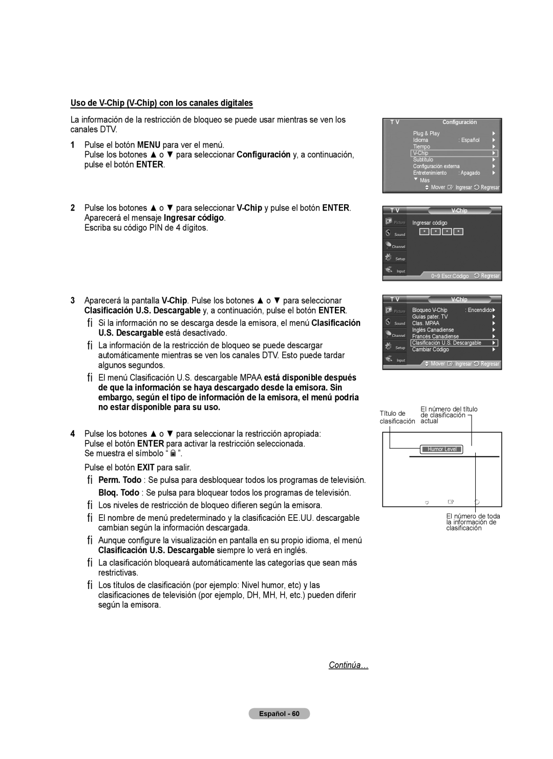 Samsung PL50A440P1D, PL42A440P1D, Series P4 user manual Uso de V-Chip V-Chip con los canales digitales, Clasificación Actual 