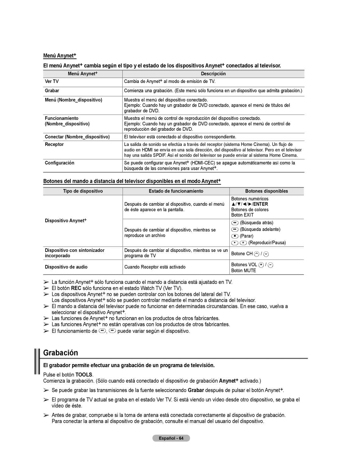 Samsung PL42A440P1D, PL50A440P1D, Series P4 user manual Grabación, Tipo de dispositivo Estado de funcionamiento 