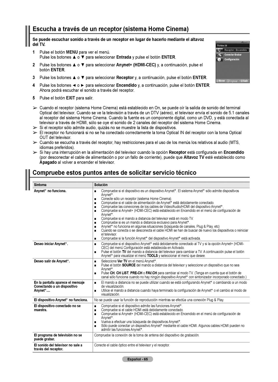 Samsung Series P4, PL50A440P1D, PL42A440P1D user manual Escucha a través de un receptor sistema Home Cinema 