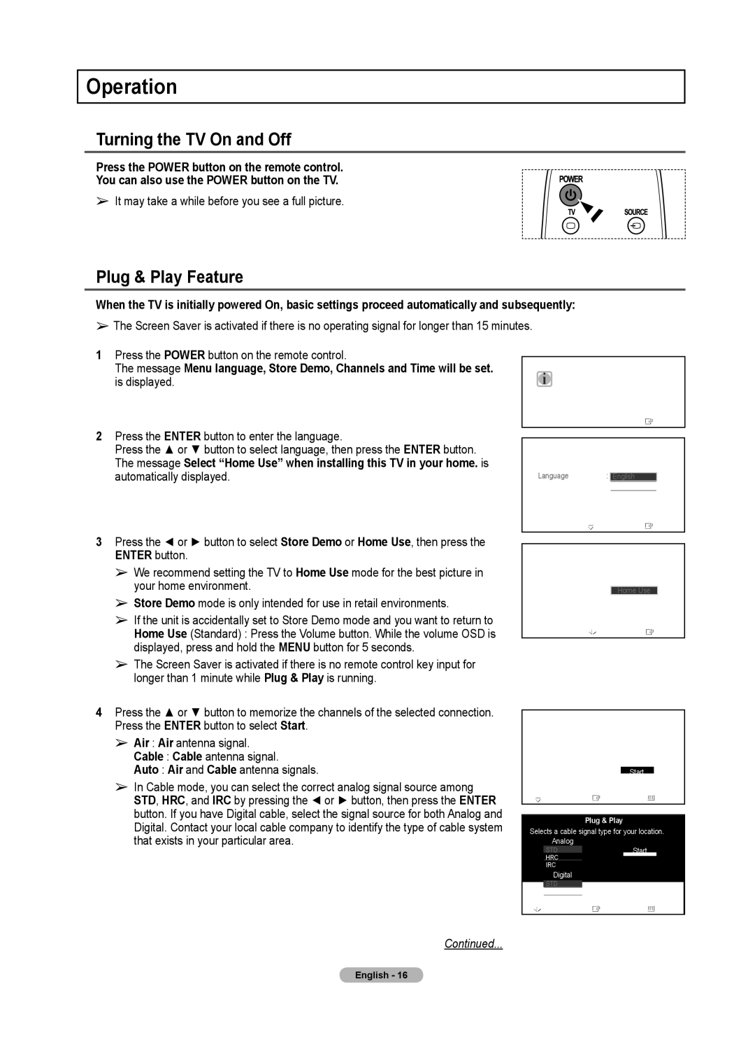 Samsung PL42A440P1D, PL50A440P1D, Series P4 Operation, Turning the TV On and Off, Plug & Play Feature, Is displayed 