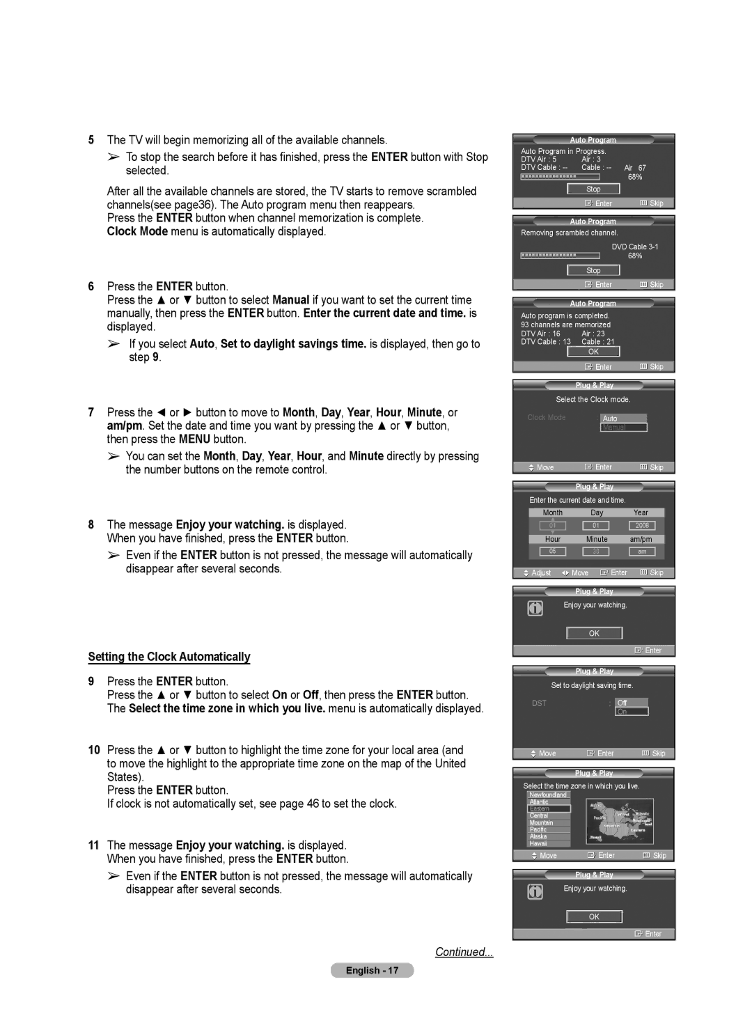 Samsung Series P4, PL50A440P1D, PL42A440P1D user manual Setting the Clock Automatically, Press the Enter button, Auto Program 