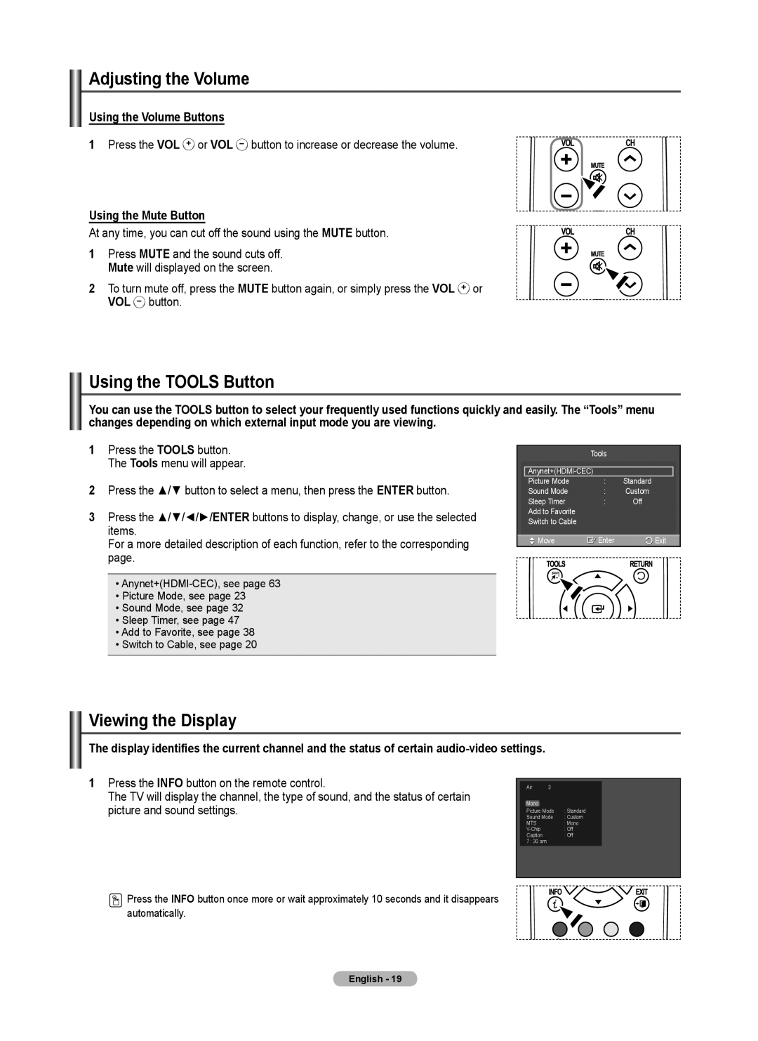 Samsung PL42A440P1D, Series P4 Adjusting the Volume, Using the Tools Button, Viewing the Display, Using the Volume Buttons 