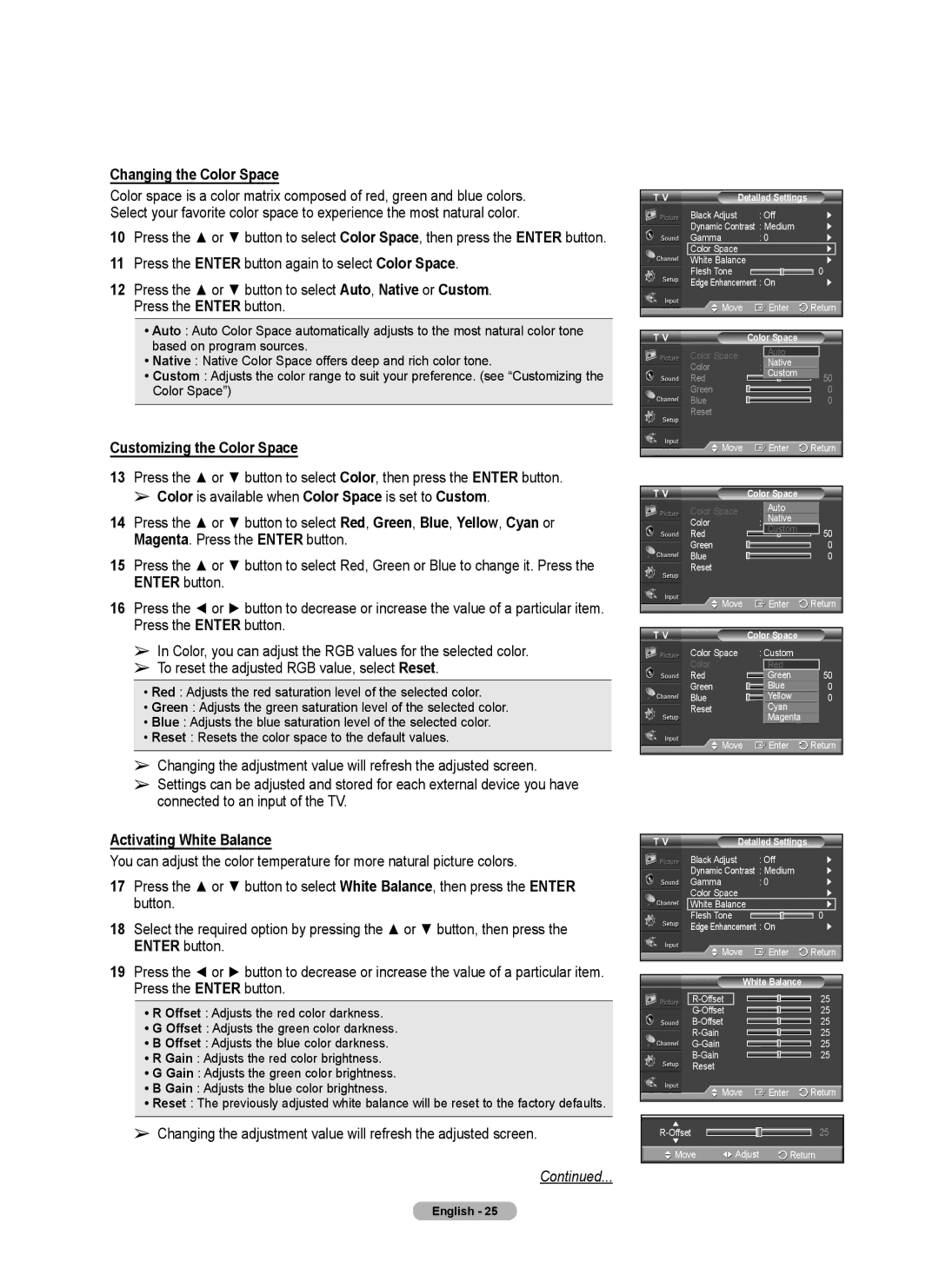 Samsung PL42A440P1D, PL50A440P1D Changing the Color Space, Customizing the Color Space, Magenta. Press the Enter button 