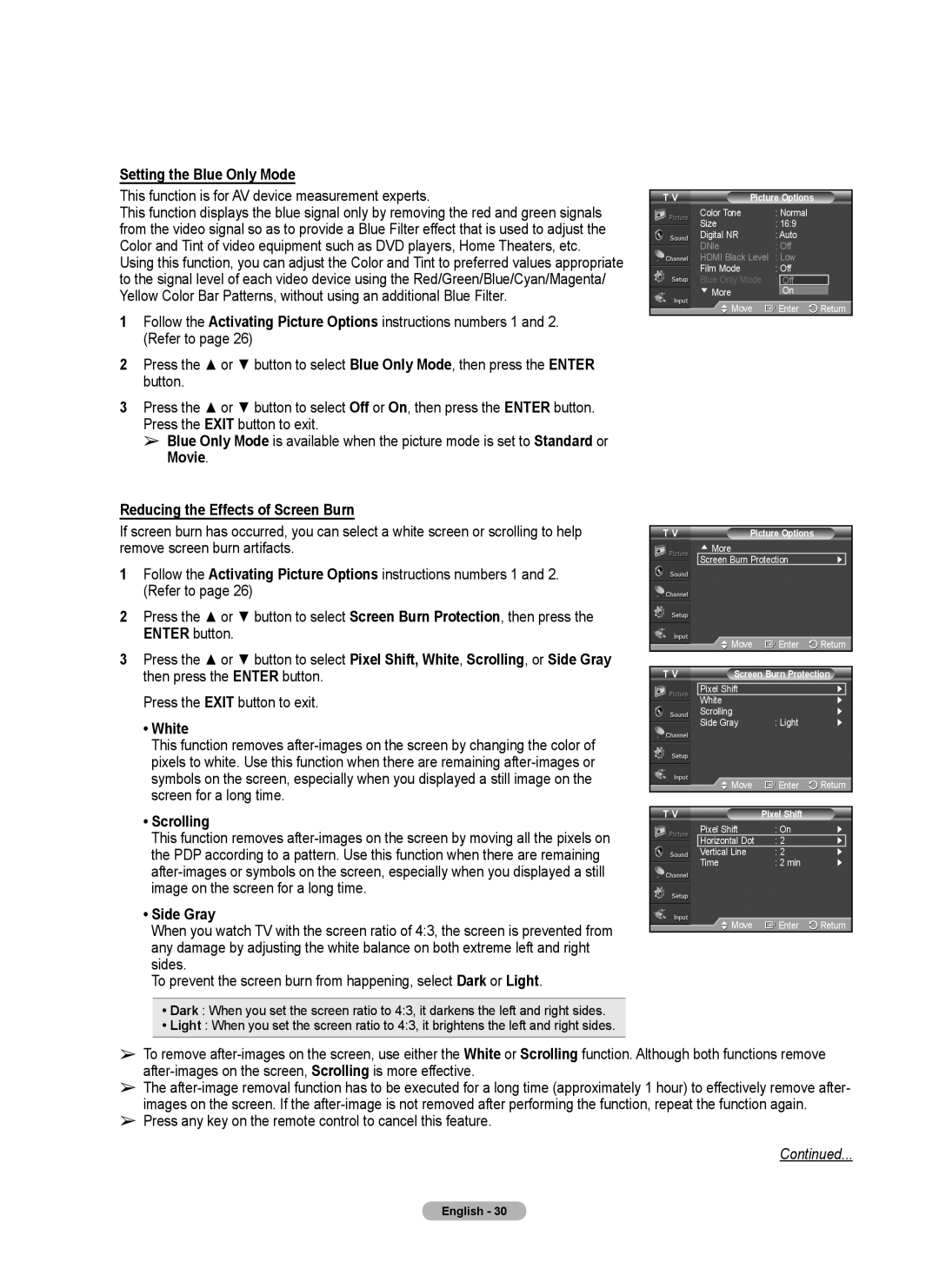 Samsung PL50A440P1D Setting the Blue Only Mode, Reducing the Effects of Screen Burn, White, Scrolling, Side Gray 