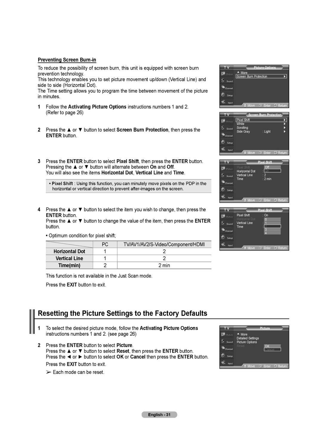 Samsung PL42A440P1D, PL50A440P1D Resetting the Picture Settings to the Factory Defaults, Preventing Screen Burn-in 