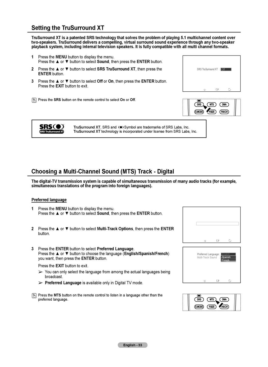 Samsung PL50A440P1D, PL42A440P1D, Series P4 Setting the TruSurround XT, Choosing a Multi-Channel Sound MTS Track Digital 