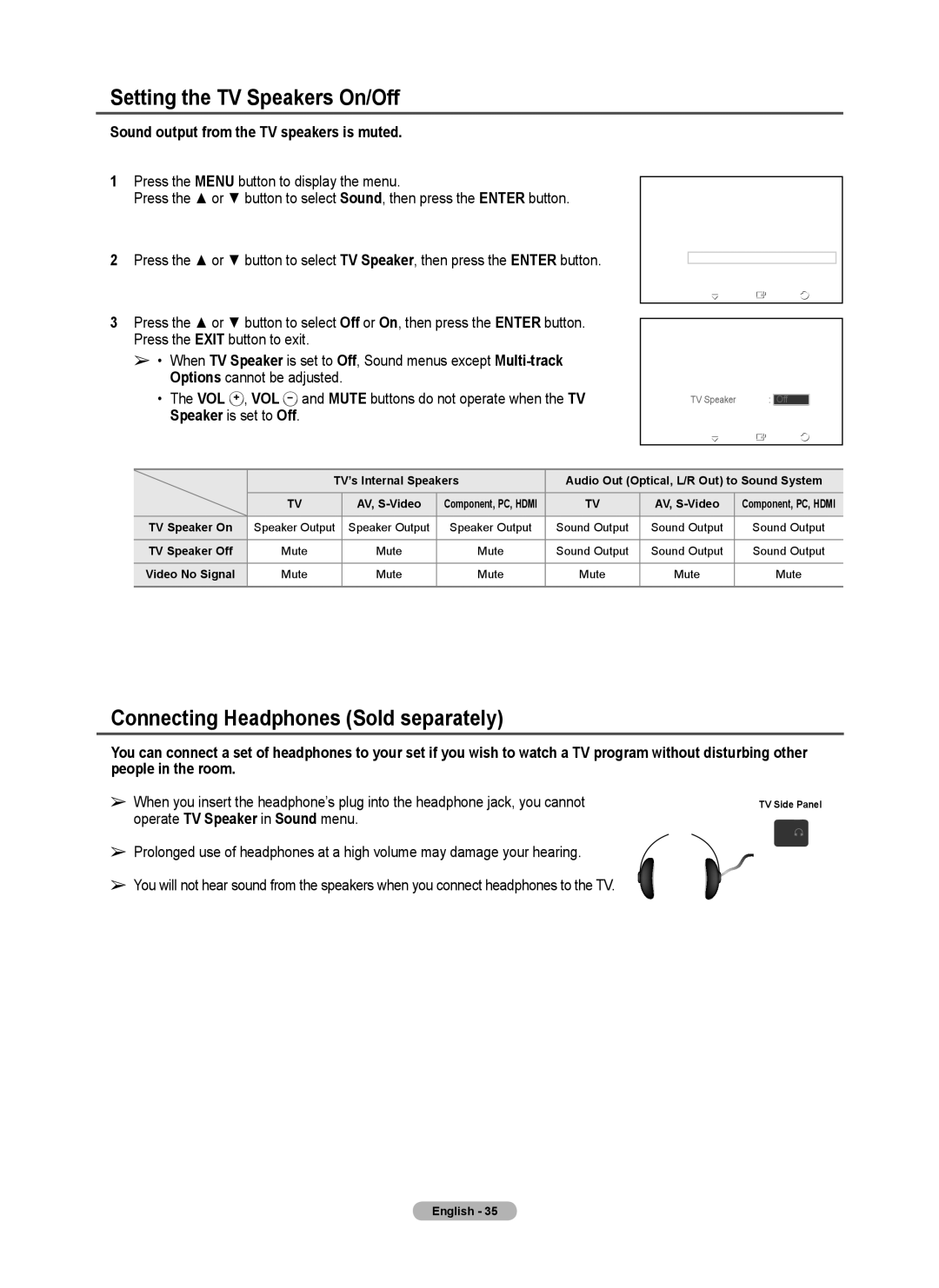 Samsung Series P4, PL50A440P1D, PL42A440P1D user manual Setting the TV Speakers On/Off, Connecting Headphones Sold separately 