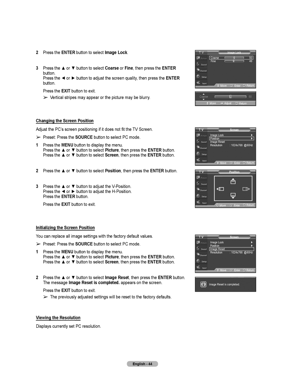 Samsung Series P4, PL50A440P1D Changing the Screen Position, Initializing the Screen Position, Viewing the Resolution 