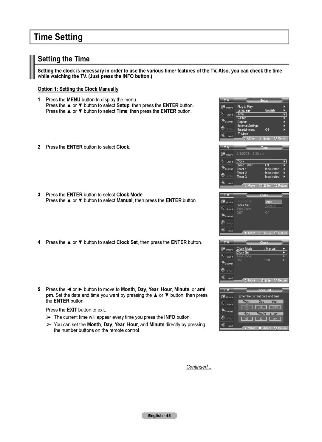 Samsung PL50A440P1D, PL42A440P1D, Series P4 user manual Time Setting, Setting the Time 