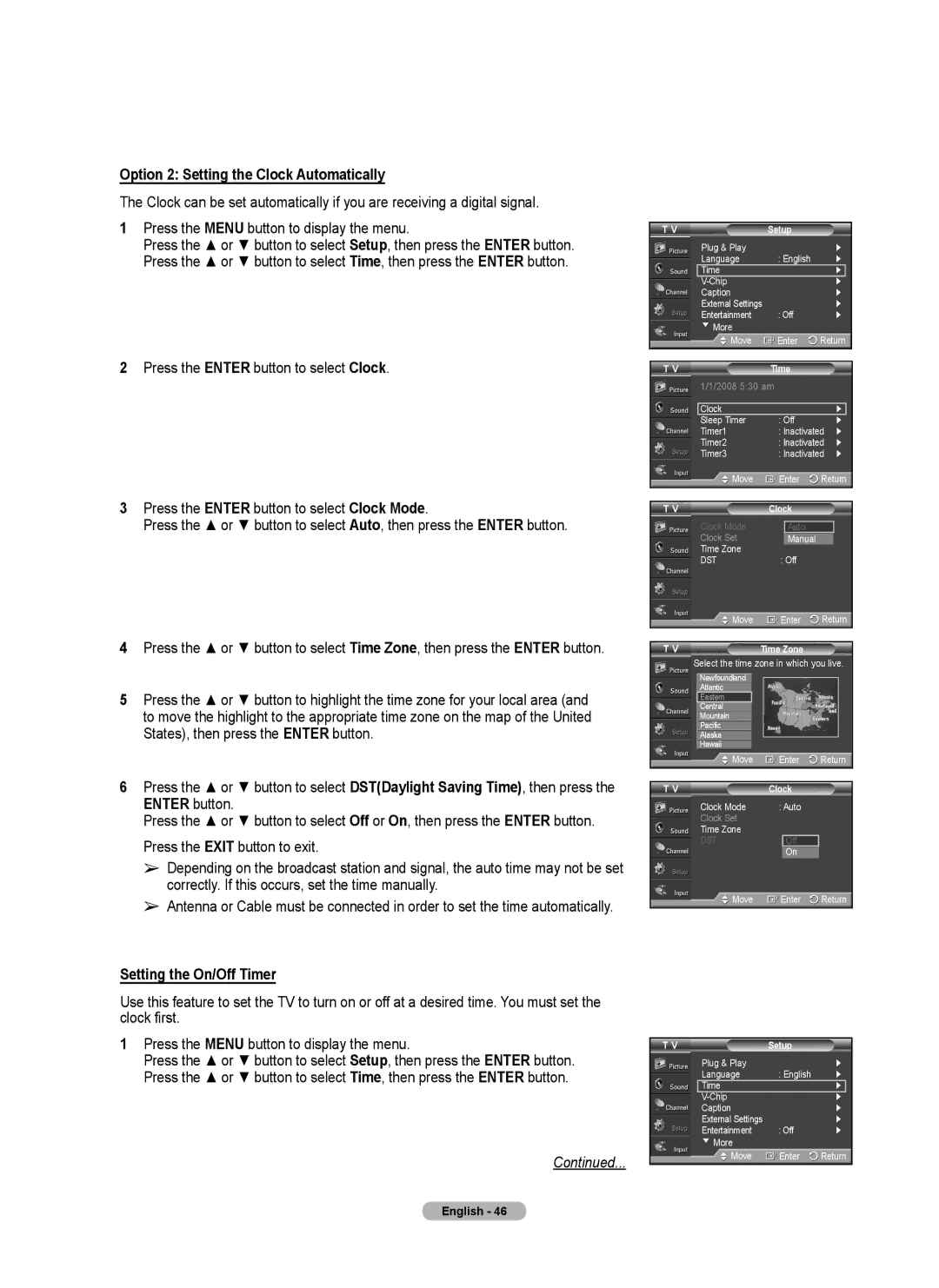 Samsung PL42A440P1D, PL50A440P1D, Series P4 Option 2 Setting the Clock Automatically, Setting the On/Off Timer, Time Zone 