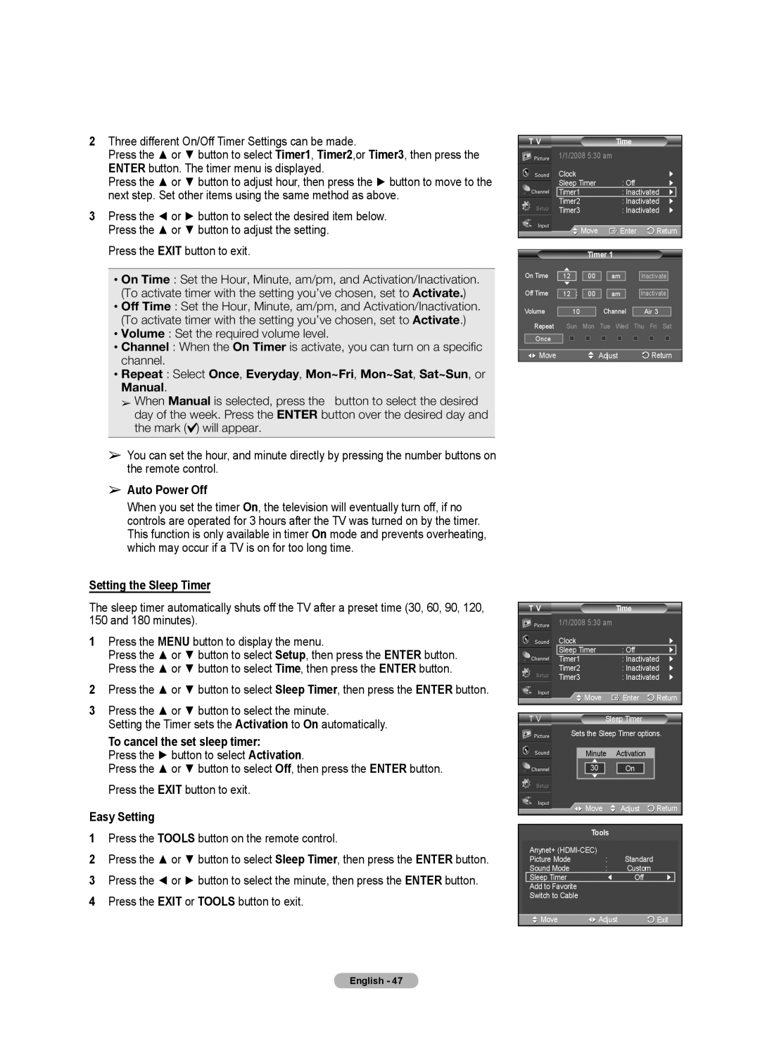 Samsung Series P4, PL50A440P1D, PL42A440P1D Auto Power Off, Setting the Sleep Timer, To cancel the set sleep timer 