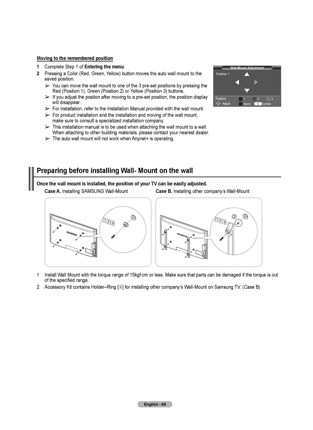 Samsung PL50A440P1D, PL42A440P1D Preparing before installing Wall- Mount on the wall, Moving to the remembered position 