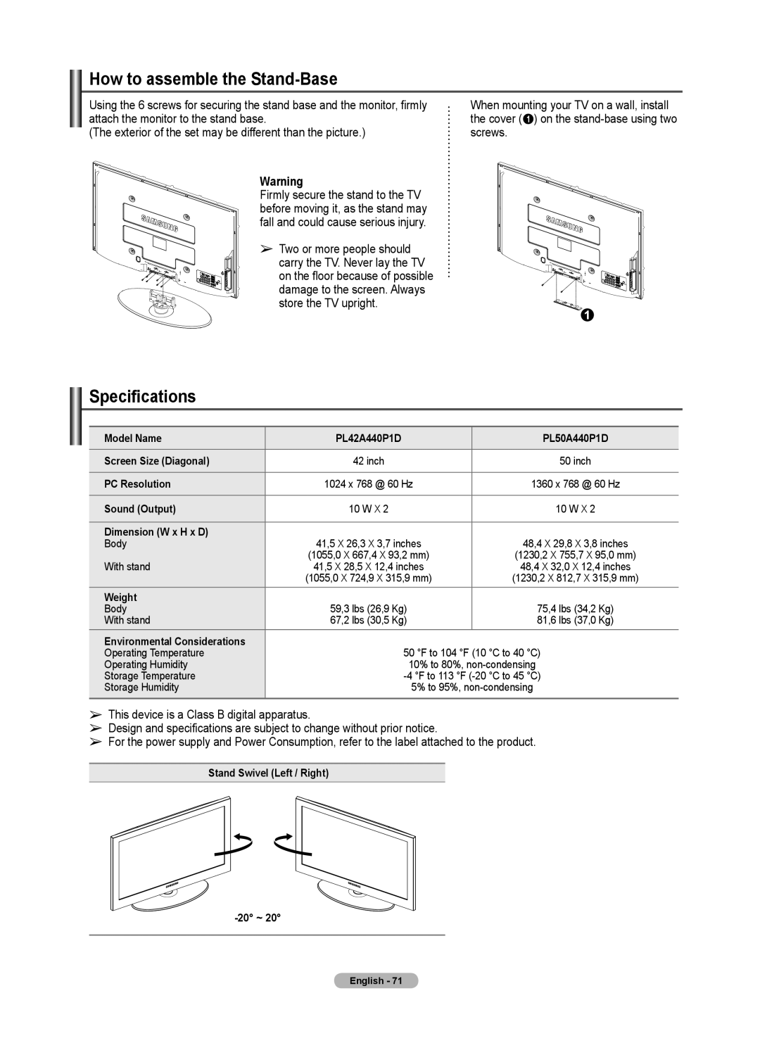 Samsung Series P4, PL50A440P1D, PL42A440P1D user manual How to assemble the Stand-Base, Specifications 