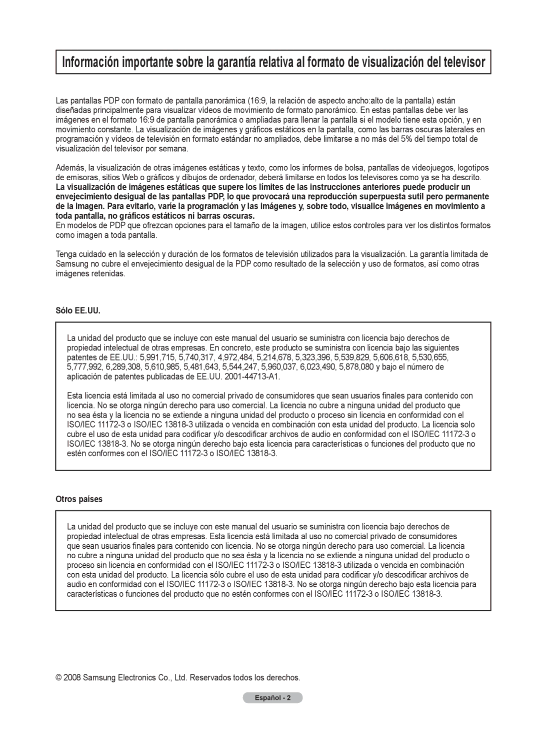 Samsung Series P4, PL50A440P1D, PL42A440P1D user manual Sólo EE.UU, Otros países 