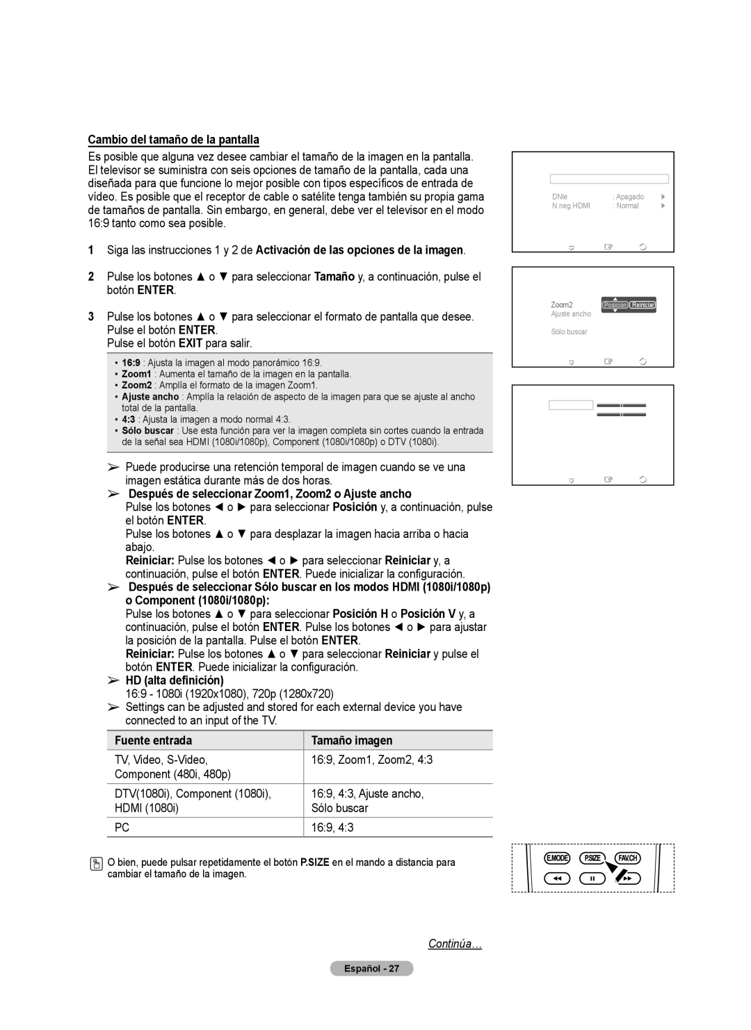 Samsung PL50A440P1D, PL42A440P1D Cambio del tamaño de la pantalla, Pulse el botón Enter Pulse el botón Exit para salir 