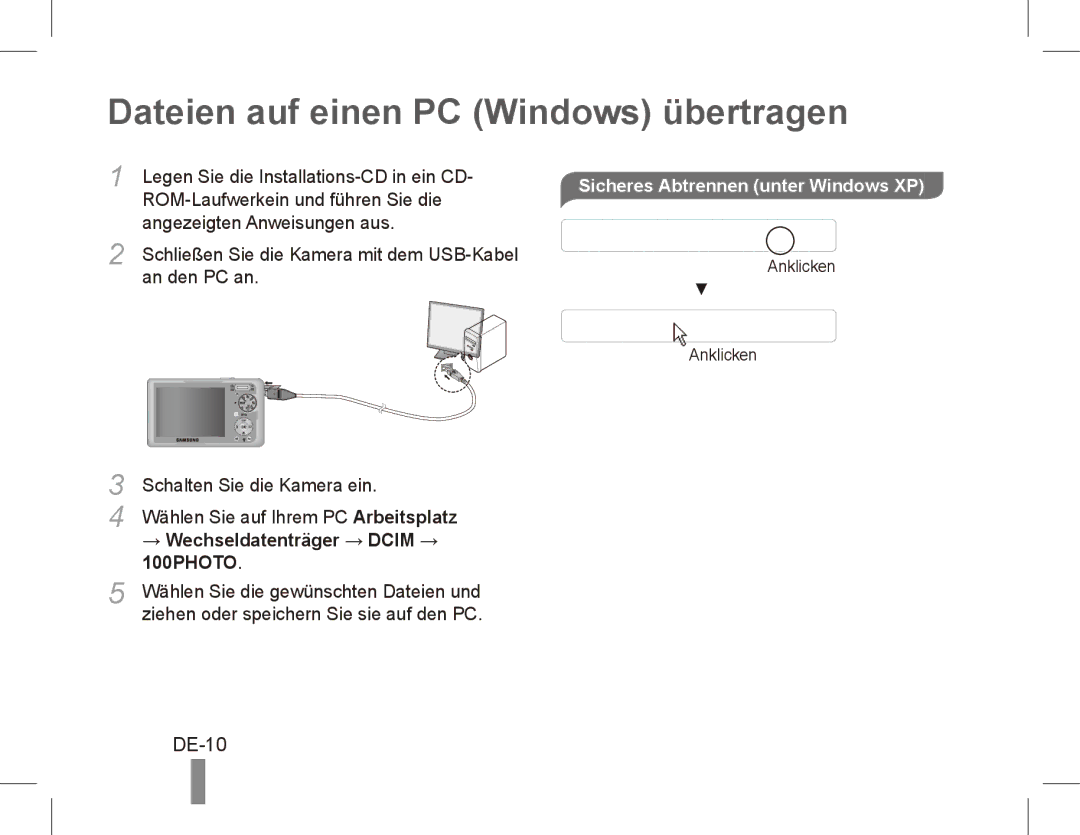 Samsung PL57 quick start manual Dateien auf einen PC Windows übertragen, DE-10, → Wechseldatenträger → Dcim → 