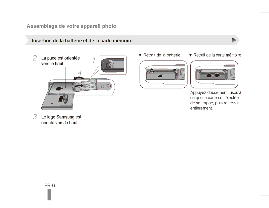 Samsung PL57 quick start manual FR-6, Insertion de la batterie et de la carte mémoire, La puce est orientée Vers le haut 