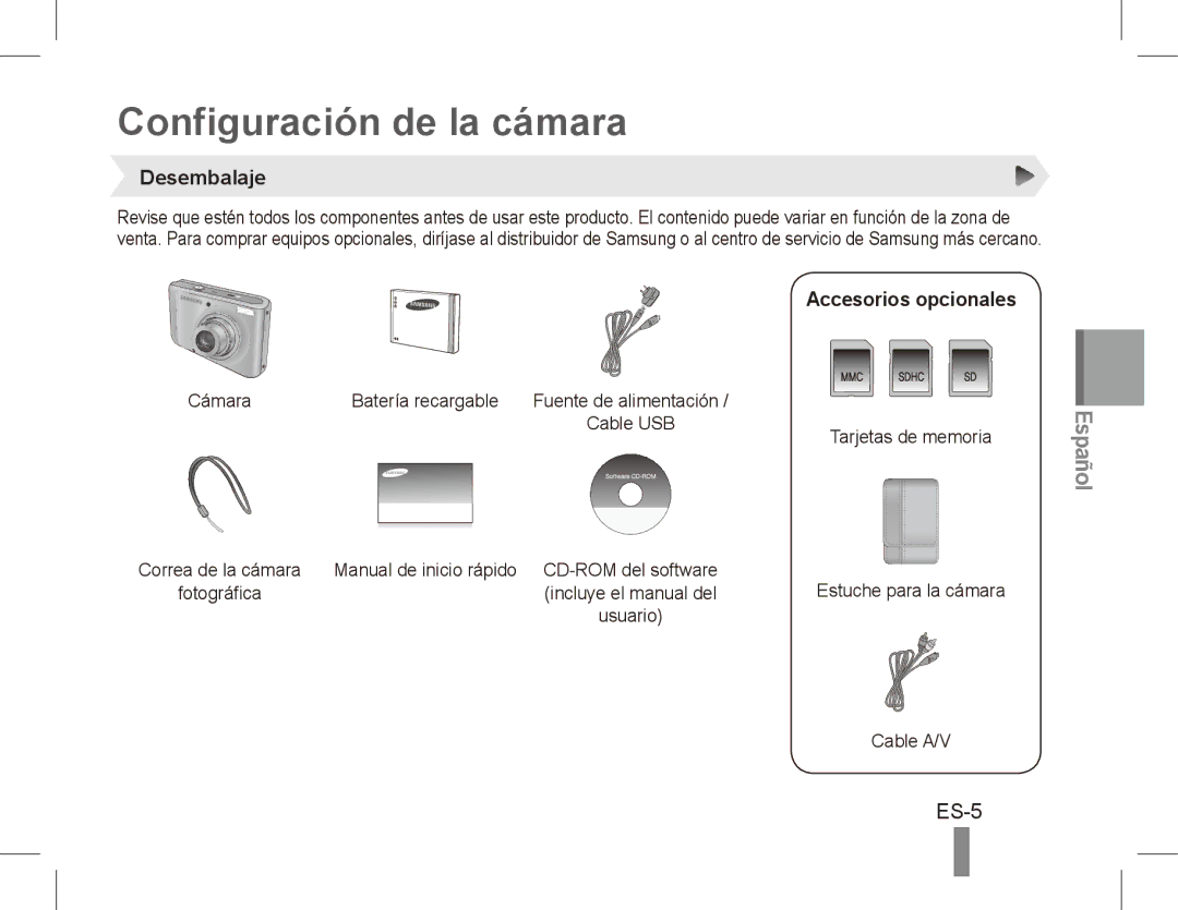 Samsung PL57 quick start manual Configuración de la cámara, ES-5, Desembalaje, Accesorios opcionales 