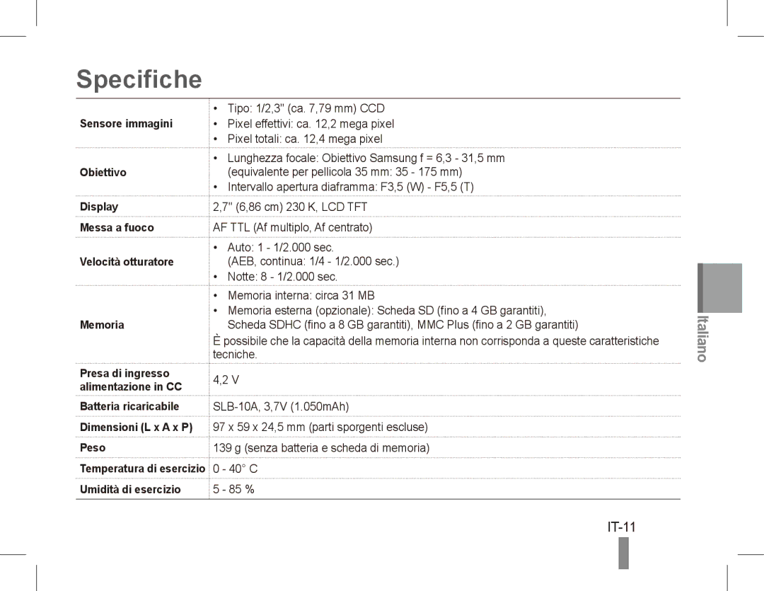 Samsung PL57 quick start manual Specifiche, IT-11 