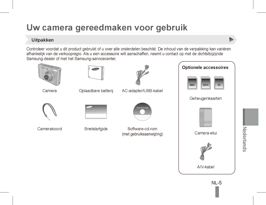 Samsung PL57 quick start manual Uw camera gereedmaken voor gebruik, NL-5, Uitpakken, Optionele accessoires 