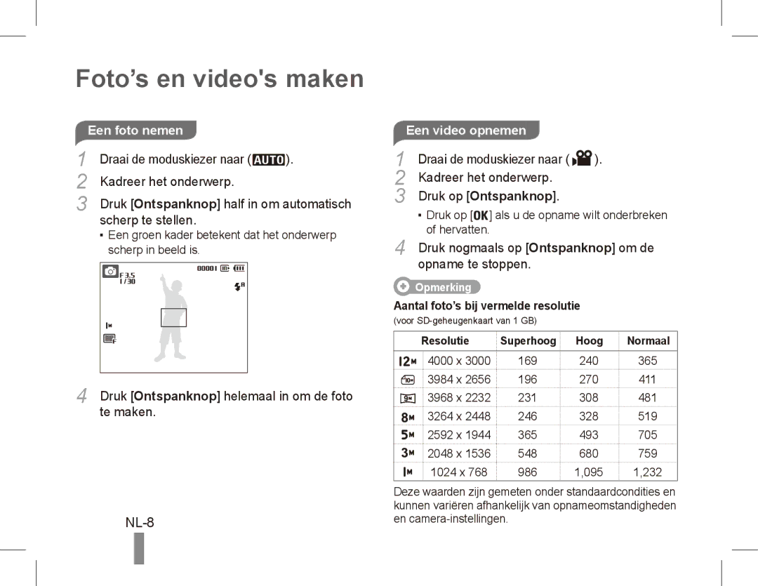 Samsung PL57 quick start manual Foto’s en videos maken, NL-8, Een video opnemen 